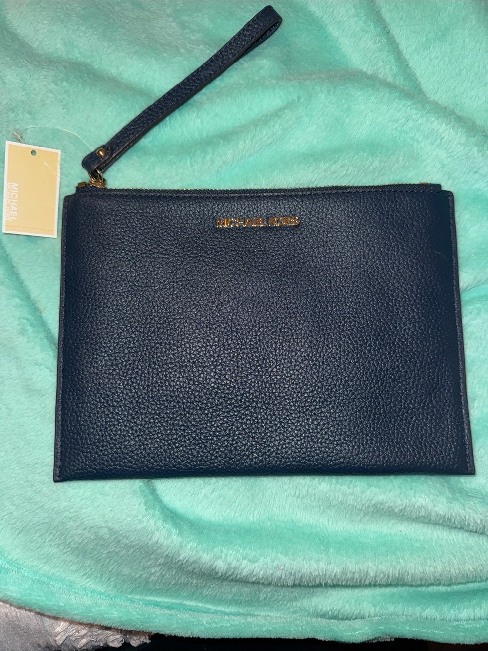 Michael Kors Dark Navy Pebbled Leather Wristlet Clutch with Gold Logo